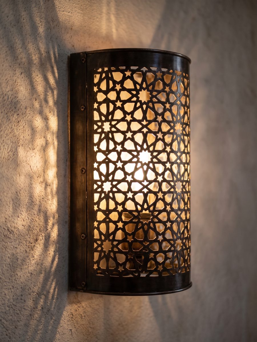 Lattice-pierced brass sconce, lit